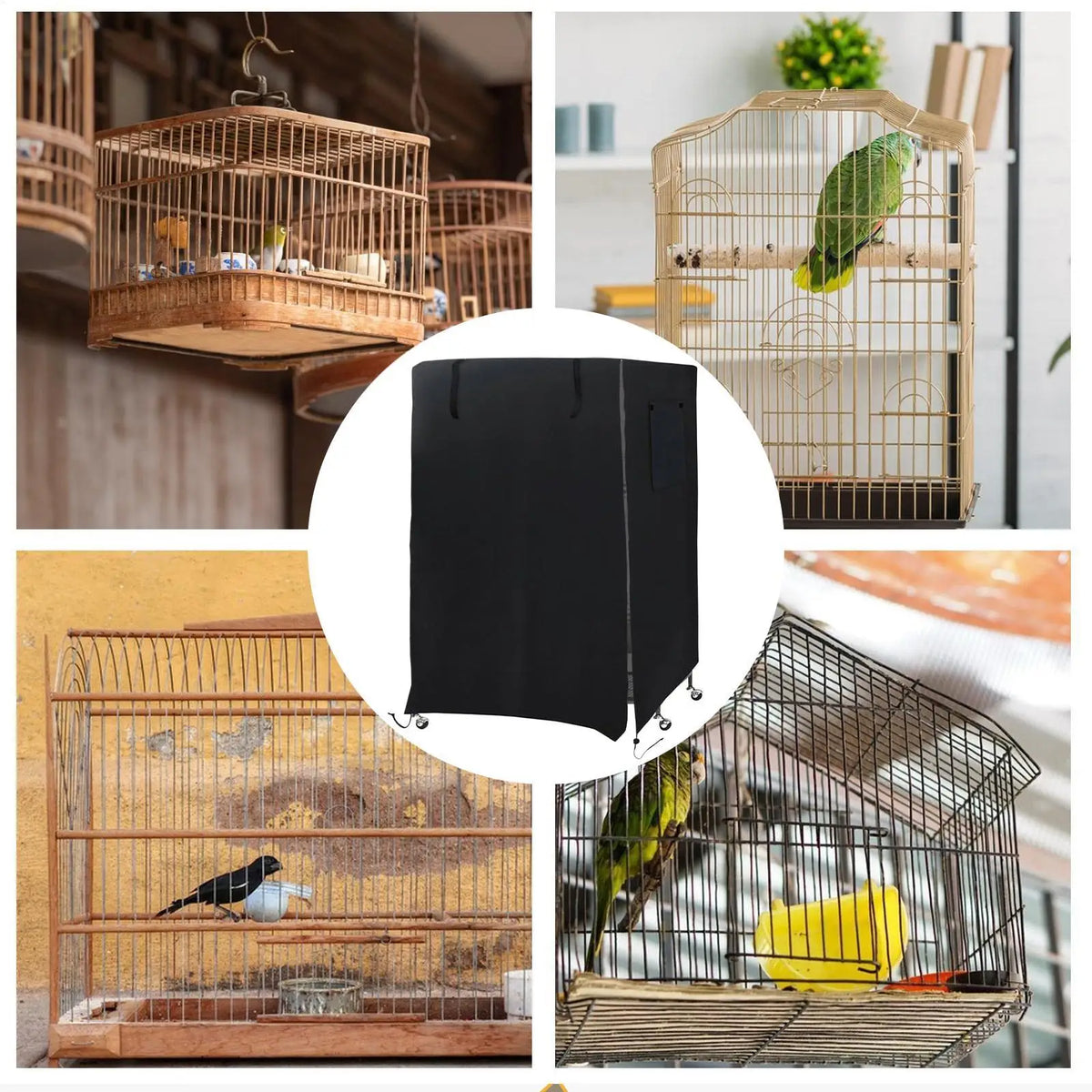A black waterproof night cover for a bird cage, shown alongside various wooden and wire bird cages.