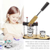 A professional button making machine kit with a brass frame and a presser tool is shown next to various buttons.