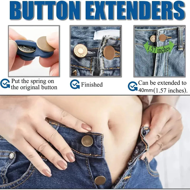 Close-up of a hand demonstrating how to put a spring on an original button for an adjustable pant waistband extender.