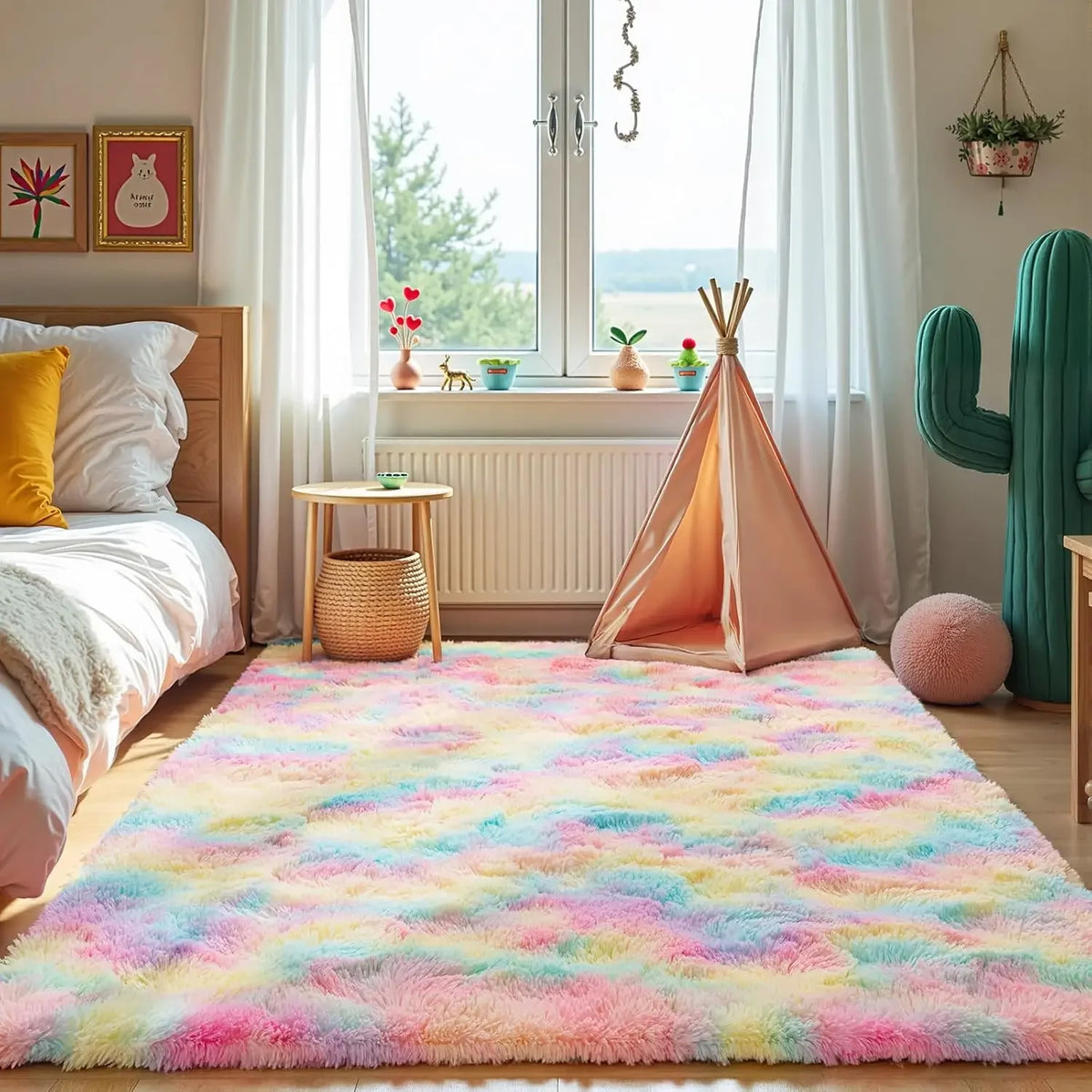 A plush pink bedroom carpet with a multicolored, fluffy texture is displayed on a wooden floor.