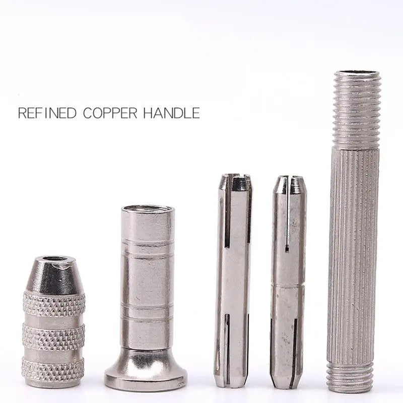 A set of refined copper handles for sewing tools, showing various sizes and finishes.