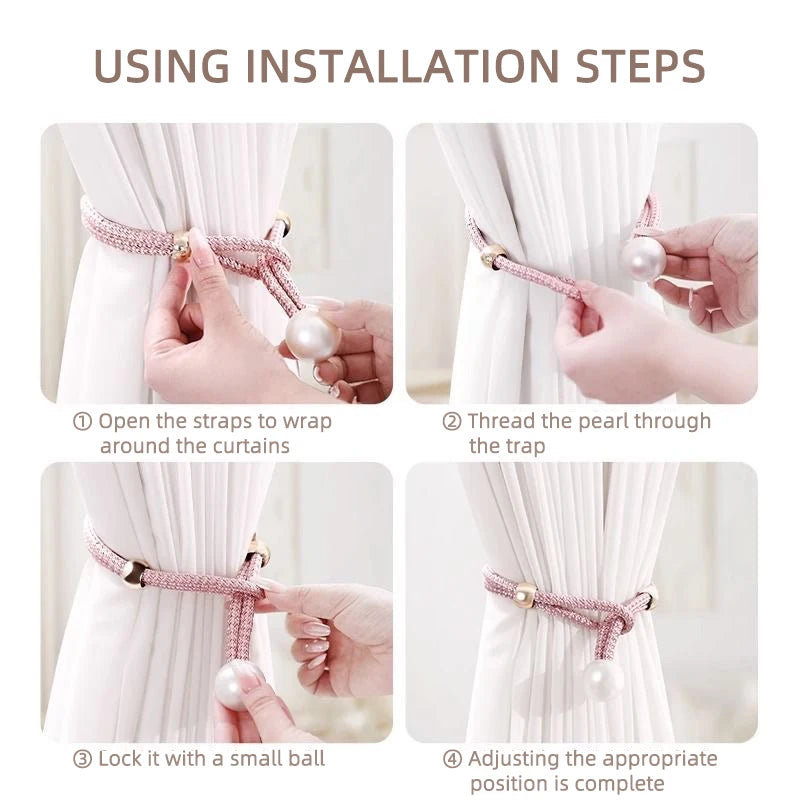 Installation steps for artificial pearl curtain tie-backs showing how to thread and secure the ties around a curtain.