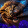 A fierce lion's face with glowing eyes and a roaring mouth is overlaid with blue lightning and purple roses.
