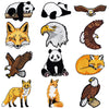 A collection of animal embroidery patches featuring a panda, bat, eagle, fox, and owl.