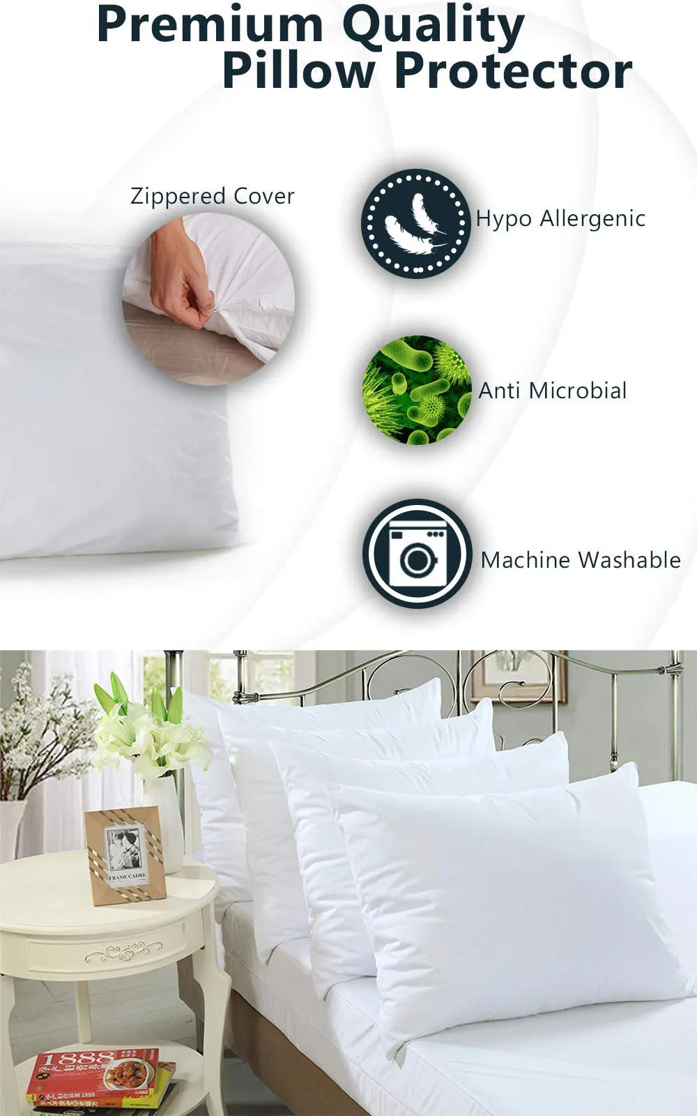 Premium quality pillow protector with zippered cover features hypoallergenic, antimicrobial, and machine washable properties.