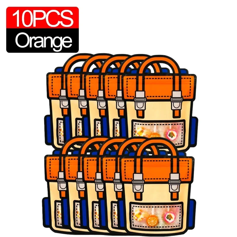 Ten orange cartoon birthday and party goodie bags with blue accents