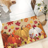A decorative maple leaf area rug featuring autumn-themed pumpkins and colorful leaves.