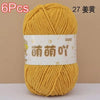 A skein of 6 pieces of yellow chenille yarn labeled as 27 strands for crochet and knitting.