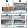 Instructions showing how to clip hooks, hang the organizer, insert a cardboard, and put items into the 5-shelf hanging storag