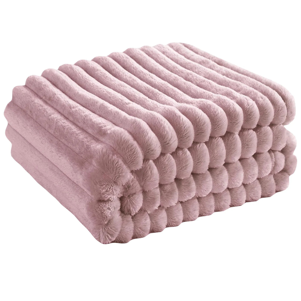 A stack of soft, mauve faux fur throw blankets folded neatly.