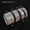 Rolls of diamond rhinestone strips in various sizes labeled S to XL for DIY decor