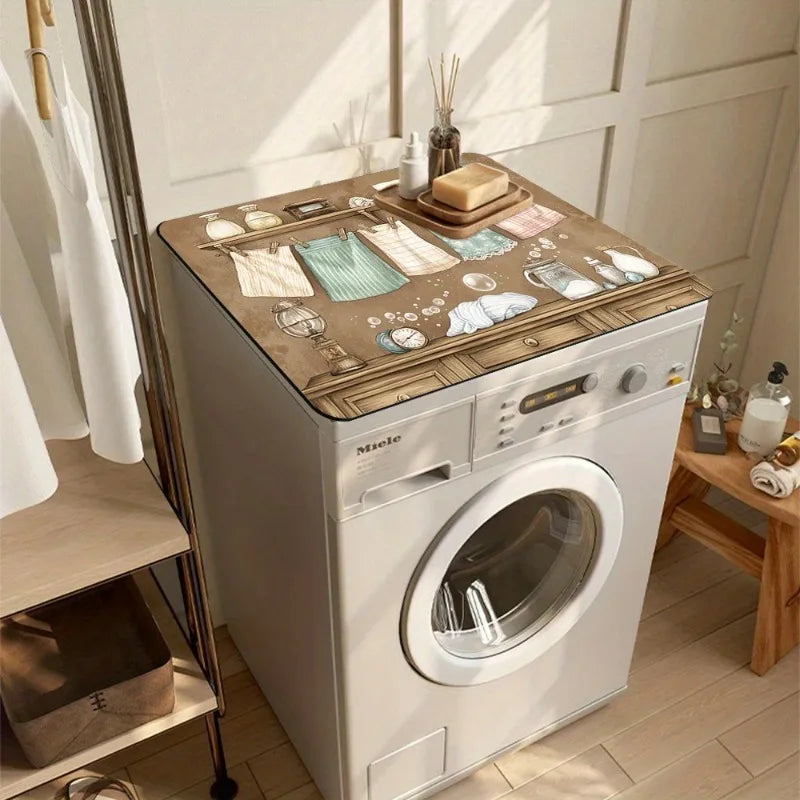 A white vintage laundry appliance cover is placed on top of a washing machine.