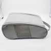 A gray portable shoe carrier bag with a mesh panel on the front, shown from a top-down angle.
