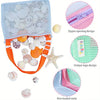 A light blue mesh beach bag with an orange strap, showing various shell collectors and a zipper opening design.