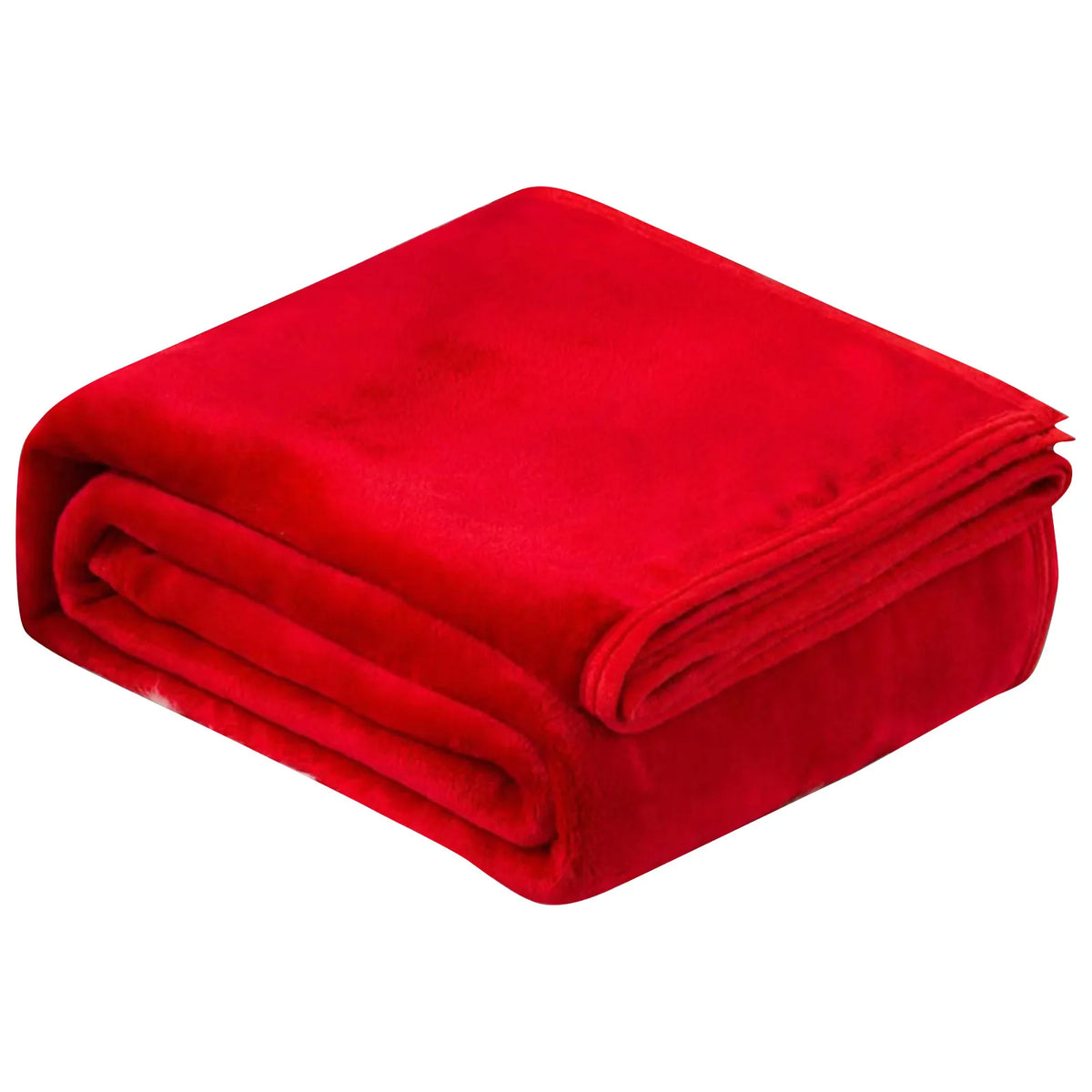 A folded red coral fleece throw blanket.