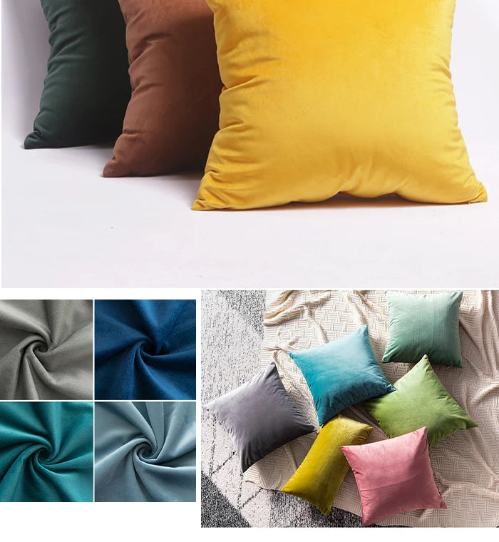 A collection of velvet cushion covers in shades of olive green, mustard yellow, and deep brown.