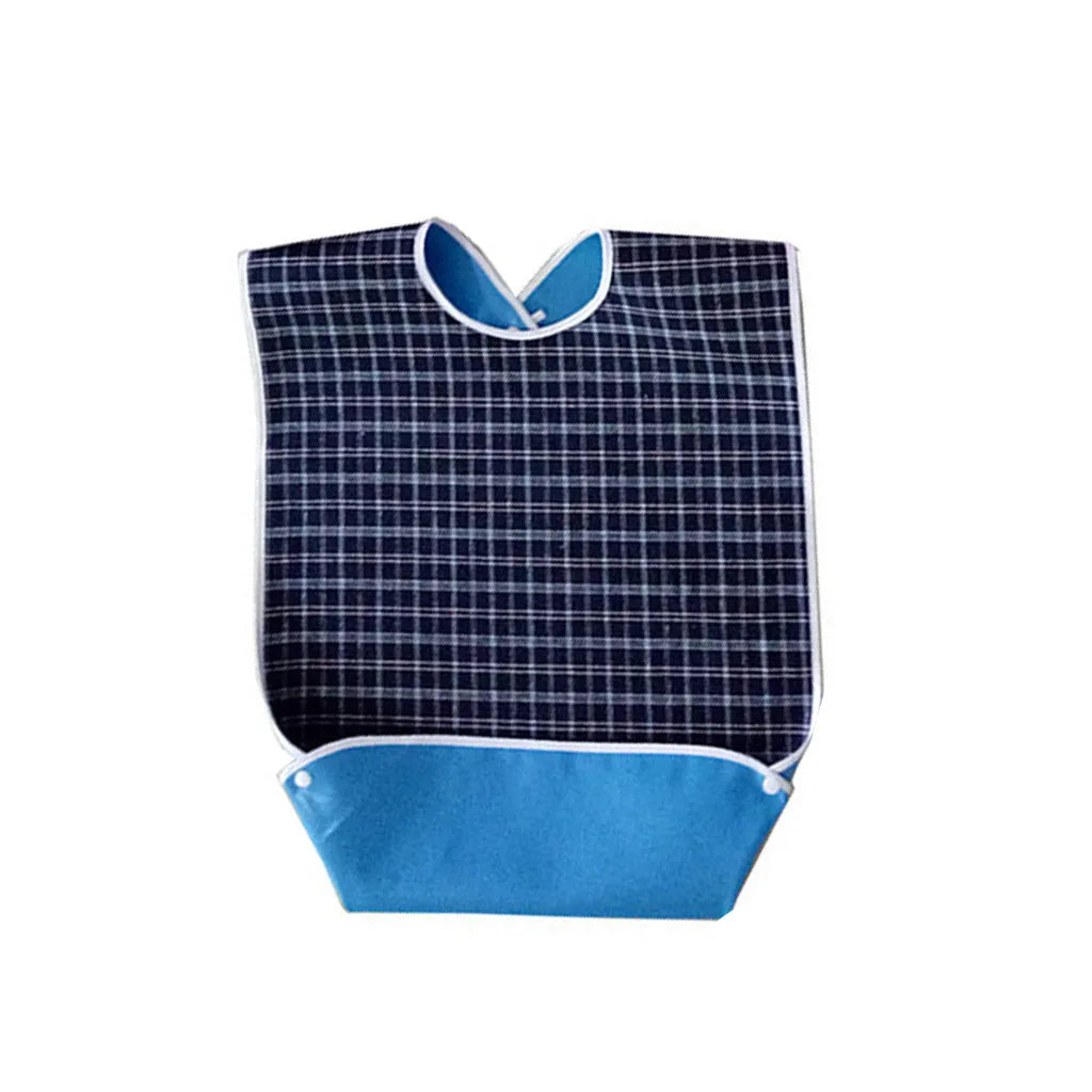 Blue plaid waterproof mealtime bib with adjustable neck and catch-all pocket
