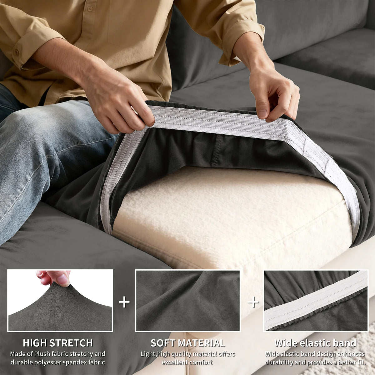 A hand is shown adjusting the elastic band on a gray sofa seat cushion cover, highlighting its stretch and durability.