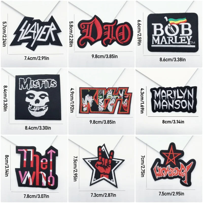 A set of eight black embroidered iron-on patches featuring various rock band logos and text.