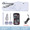 A white portable mini hand sewing machine kit showing the machine, thread lift pole, needle, and various sewing accessories.