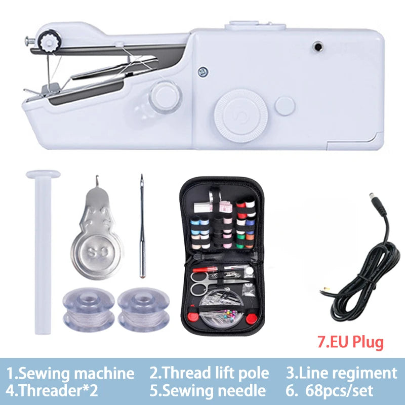 A white portable mini hand sewing machine kit showing the machine, thread lift pole, needle, and various sewing accessories.