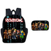 Black backpack and pen case set featuring a Roblox logo and various Roblox minifigures