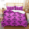 A vibrant purple duvet cover set featuring a repeating MCM pattern on a bed.