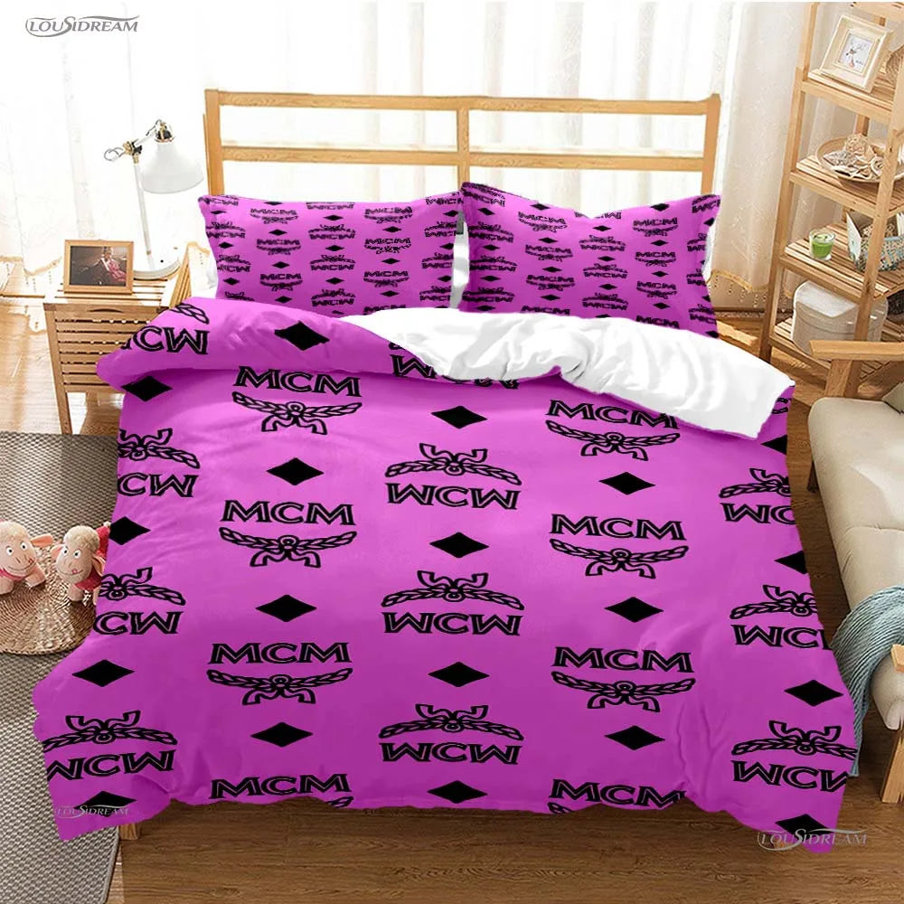 A vibrant purple duvet cover set featuring a repeating MCM pattern on a bed.