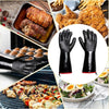 A collection of heat-resistant oven gloves shown next to various food items like fried chicken, meats, and vegetables.