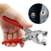 A hand holds a silver metal snap button kit with a red handle and press tool, next to a close-up of the black button surface.