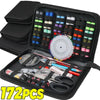 An open black sewing kit box showing various needles, pins, and tools organized in compartments.