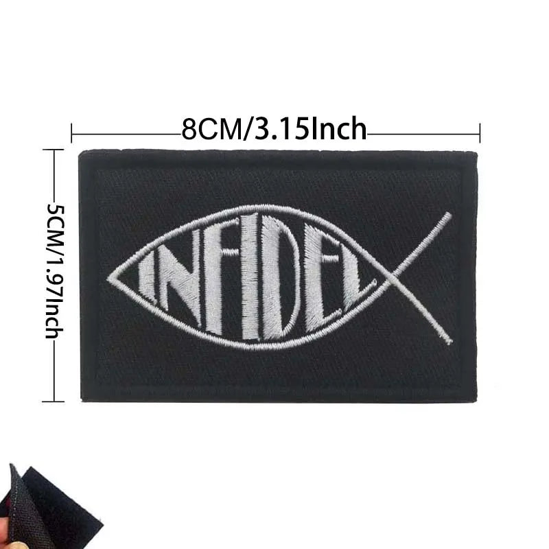 Black embroidered patch featuring the word INFIDEL with a cross design