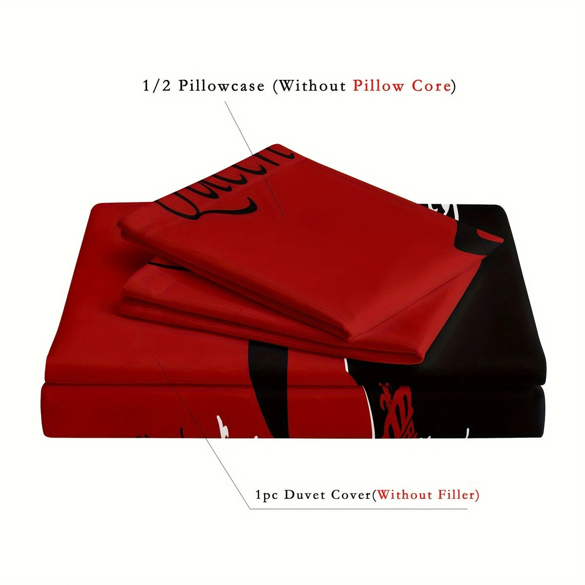 A stack of red and black printed bedding items including a pillowcase and a duvet cover.