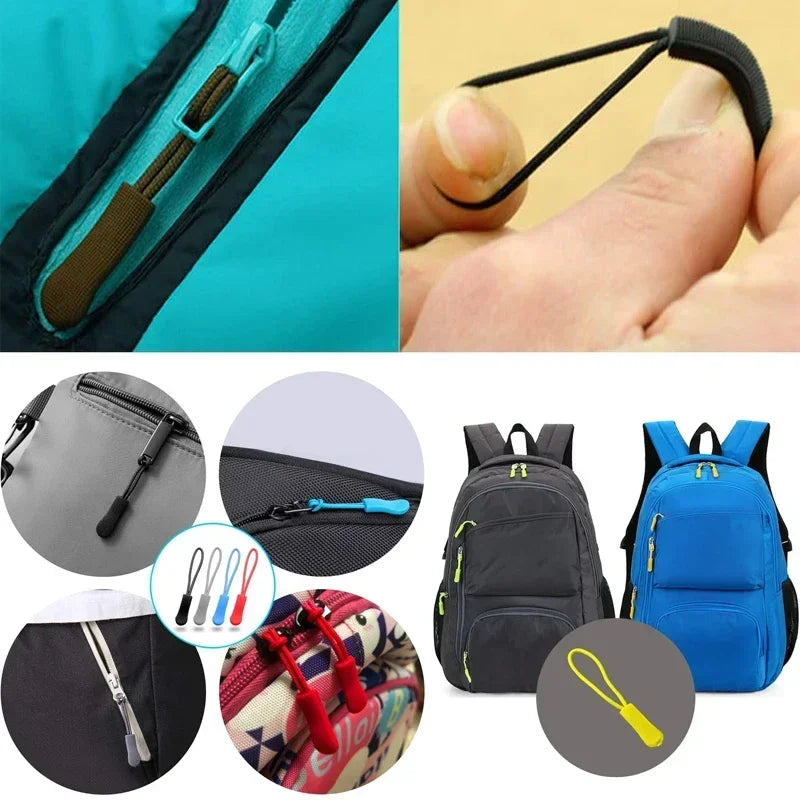 Various replacement zipper pulls in black, blue, and red for bags and apparel