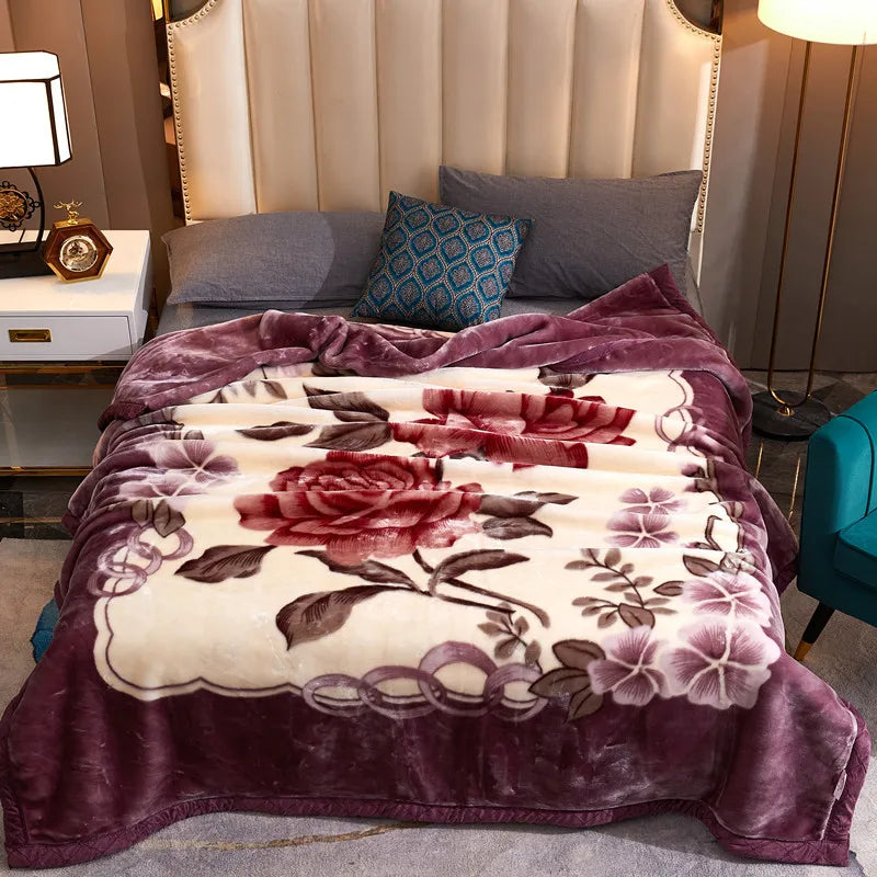 A plush purple mink fleece blanket featuring a floral pattern of roses and peonies.