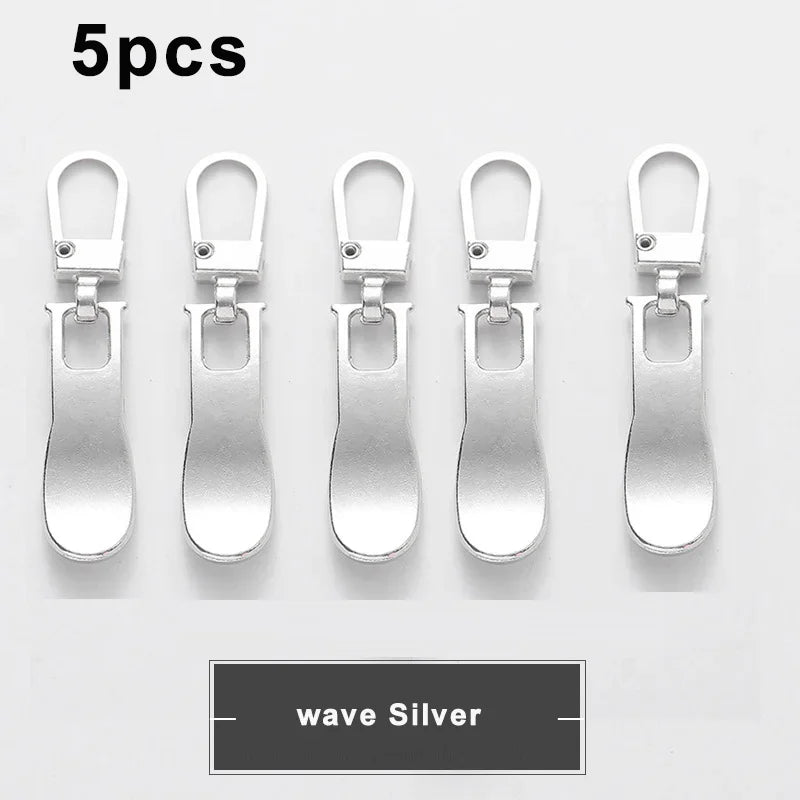 Five silver wave metal zipper pulls for bags and luggage