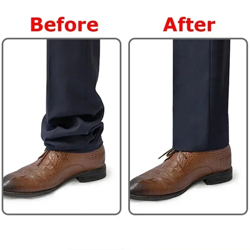 Before and after comparison showing iron-on hem tape application on dark pants.