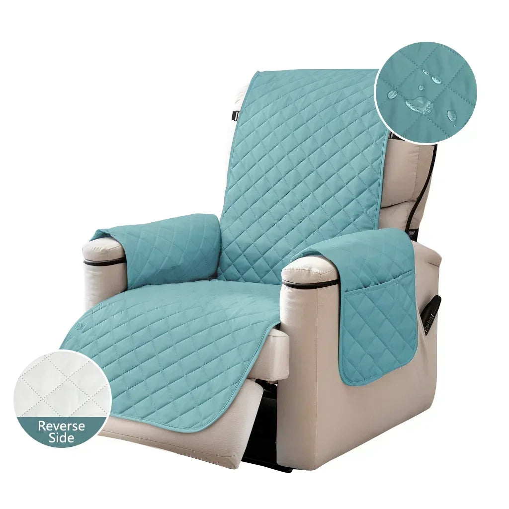 Light blue washable slipcover for a recliner sofa with quilted texture and anti-slip straps