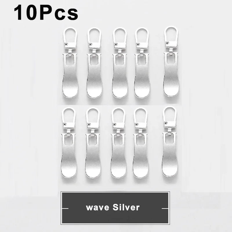 Ten silver wave metal zipper pulls for bags and luggage