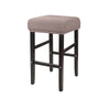 A square bar stool with a beige woven fabric slipcover and dark wood legs.