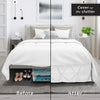 Before and after comparison showing a premium wrap-around bed skirt installation on a queen bed.