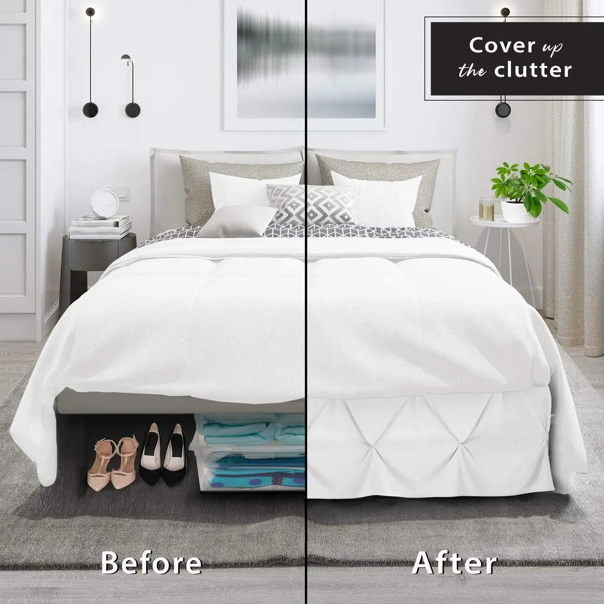 Before and after comparison showing a premium wrap-around bed skirt installation on a queen bed.