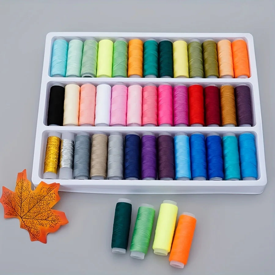 A white tray filled with 39 colors of sewing thread for embroidery, cross stitch, and knitting.