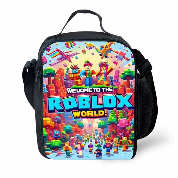 A black cartoon crossbody lunch bag featuring a colorful Roblox theme with various characters and game elements.