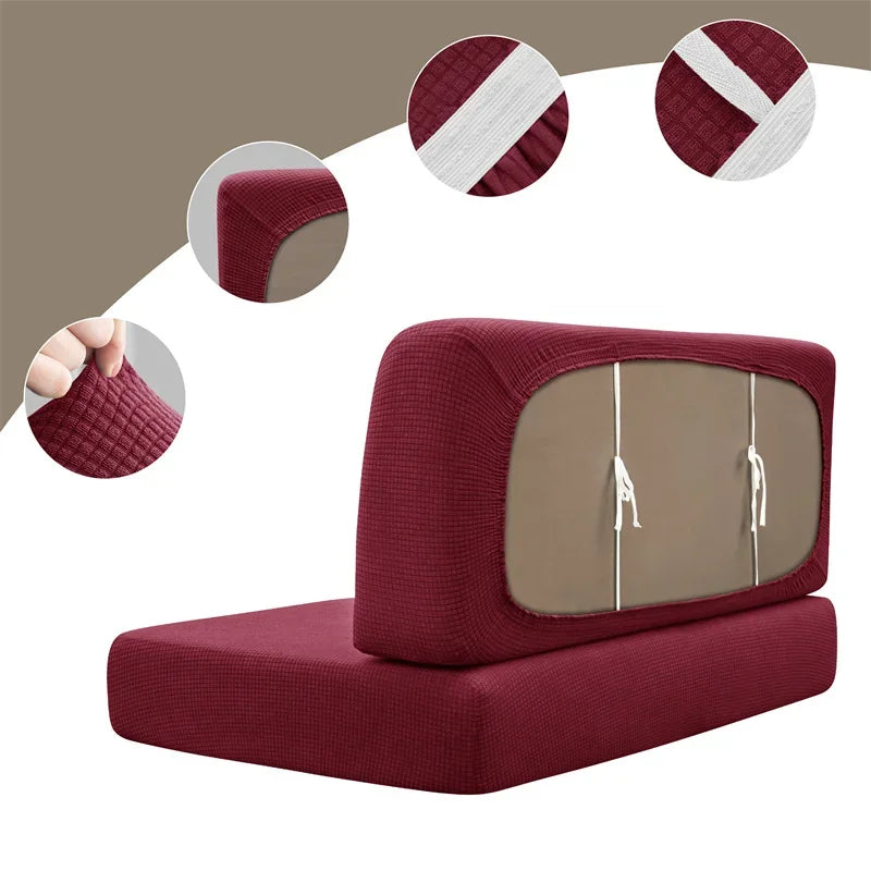A maroon water repellent stretch sofa and chair cover with a brown accent panel and decorative stripes.