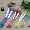 A set of precision bias tape makers featuring various colored plastic tools and tape strips.
