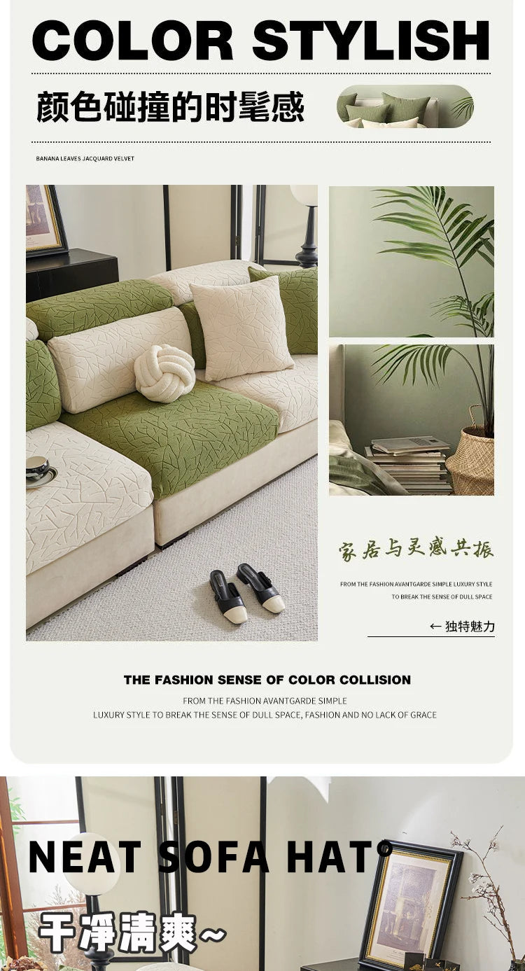 A close-up of a green patterned jacquard sofa cover with cream cushions and pillows.