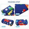 Four steps showing how to fold a toddler nap mat set including a pillow and fleece blanket