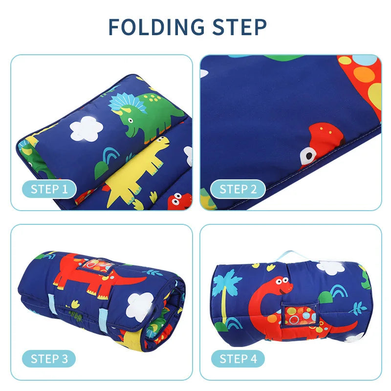 Four steps showing how to fold a toddler nap mat set including a pillow and fleece blanket