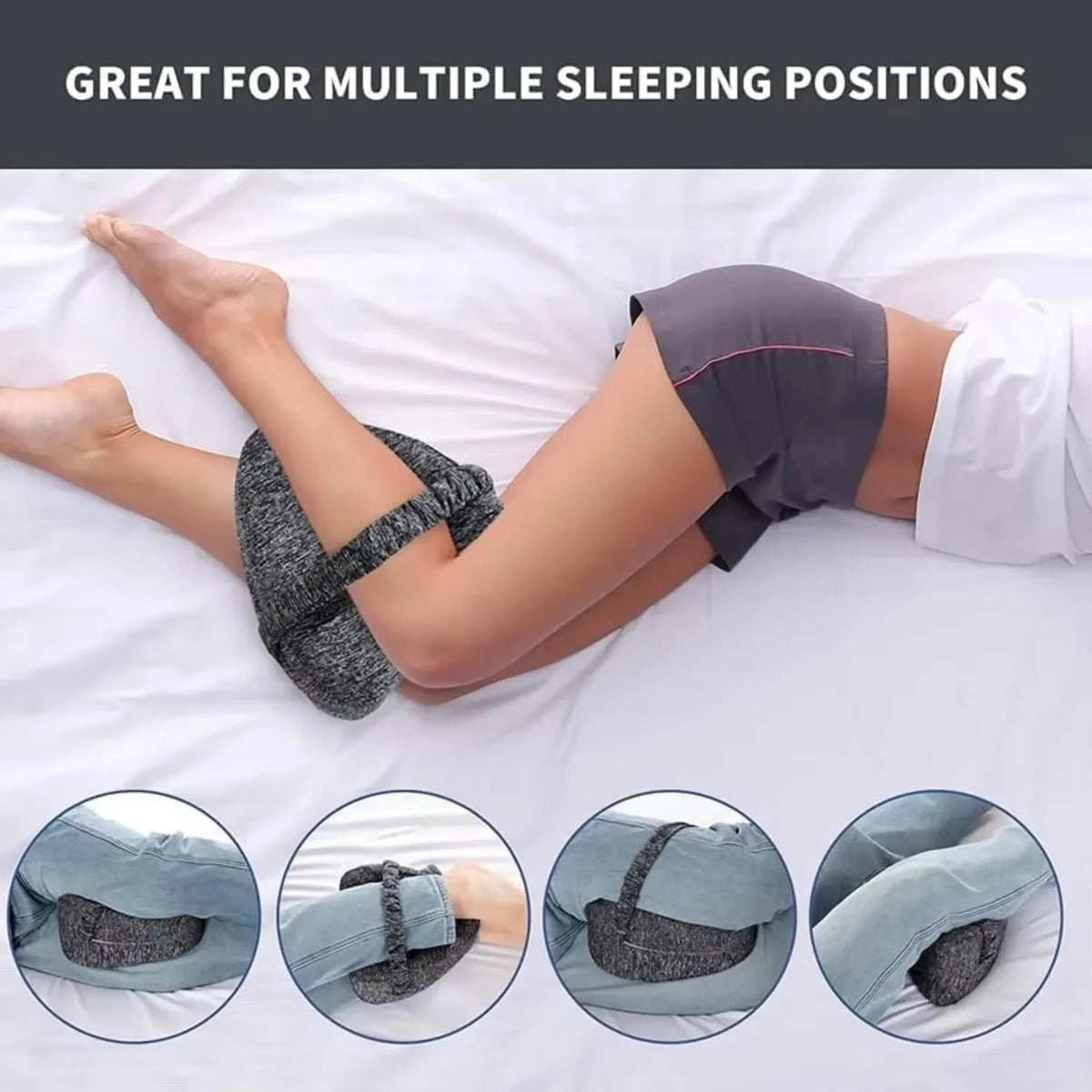 Gray memory foam knee pillow shown in various angles for side sleeping and pregnancy support